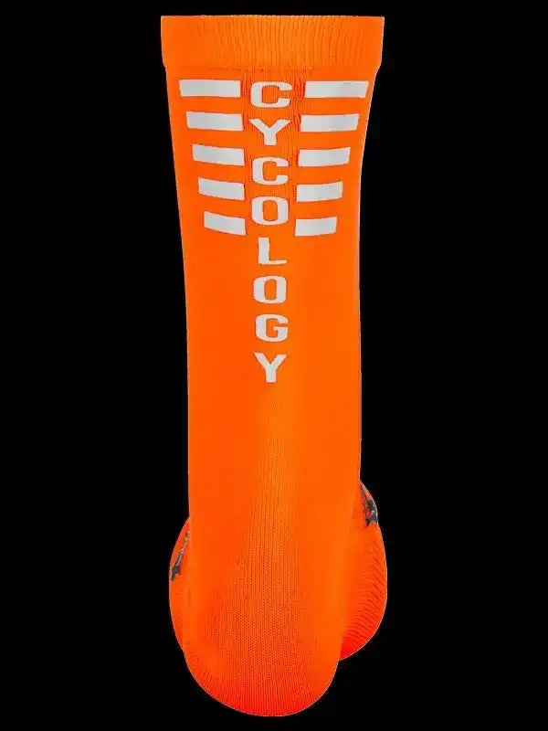 Bright orange cycling sock with white 'CYCOLOGY' text and stripes, ideal for men's and women's bike rides.