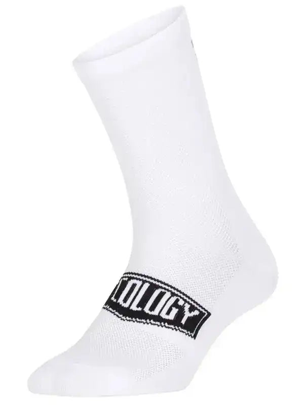 White cycling sock with black 'OLOGY' logo, breathable mesh fabric for men's and women's bike rides
