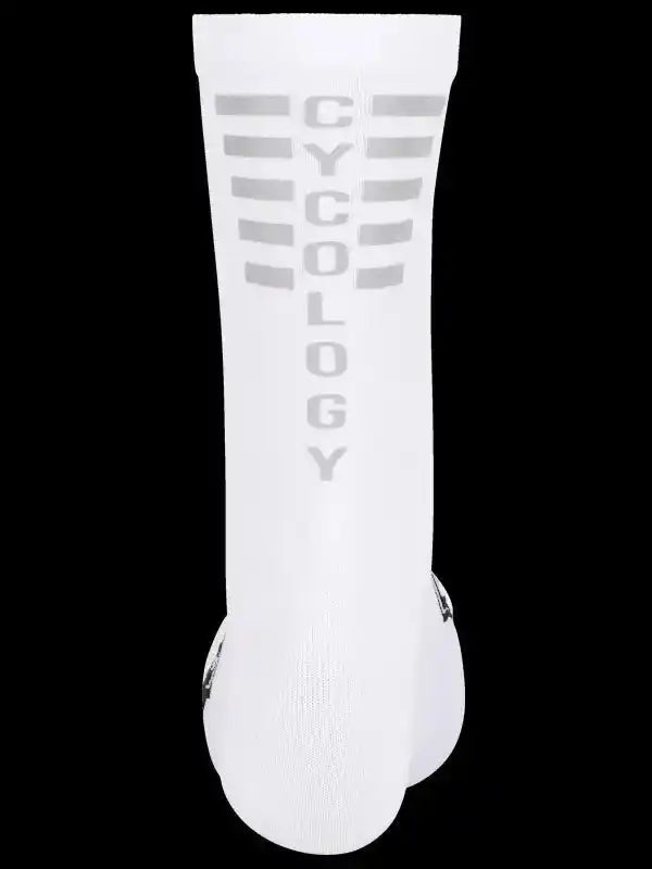 White cycling sock with 'CYCOLOGY' logo and gray stripes, designed for performance and comfort.