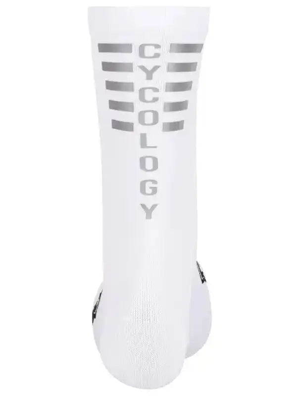 White cycling sock with silver CYCOLOGY logo and stripes, designed for men's and women's bike rides