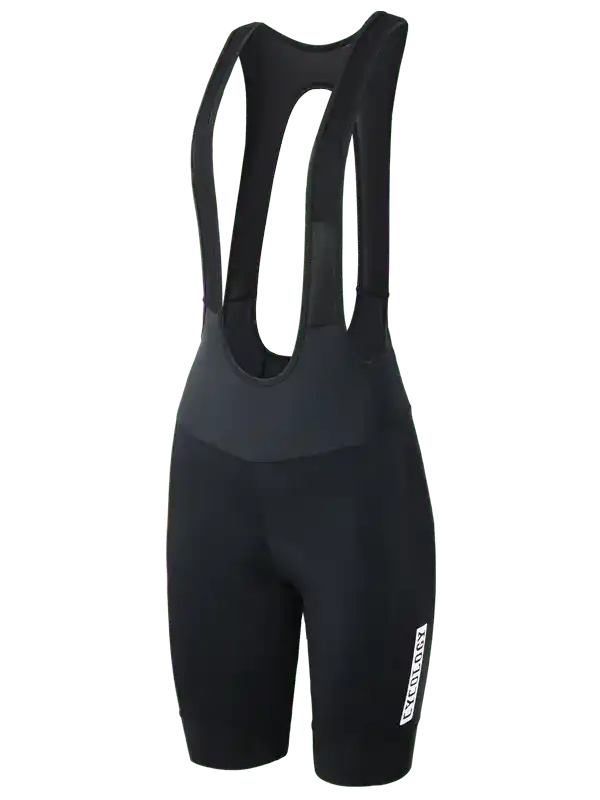 Black women's cycling bib shorts with white logo, designed for comfort and performance on rides.