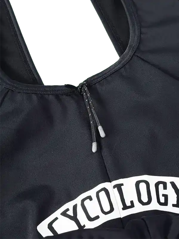 Black women's cycling jersey with 'CYCOLOGY' logo and front zipper detail