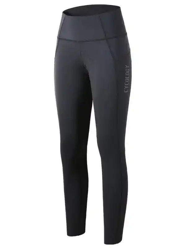 Black women's cycling tights with high waist and side logo, designed for comfort and performance