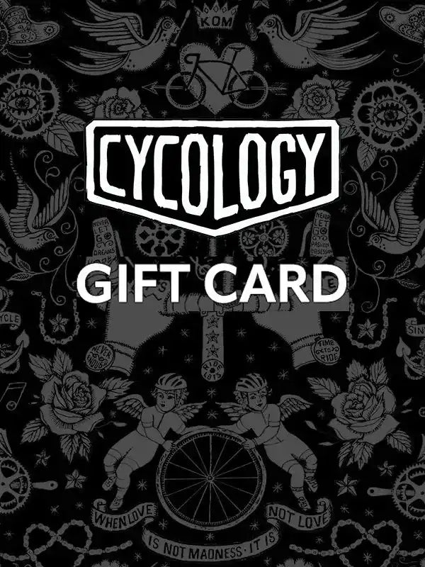 Cycology gift card with tattoo-style cycling design, roses, and angels on black background