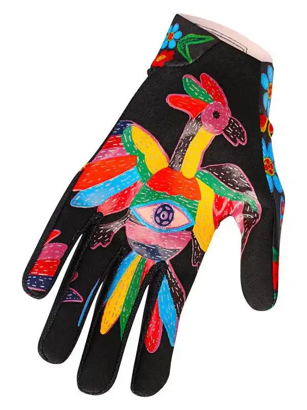 Colorful cycling glove with vibrant bird and eye design on black fabric, ideal for men and women riders