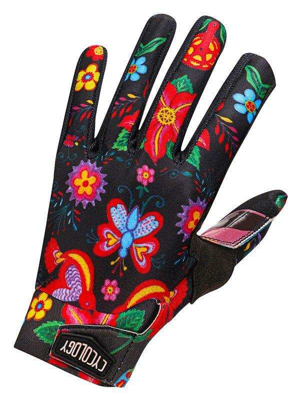 Colorful floral cycling glove with butterfly print, padded palm, and breathable fabric for comfort.
