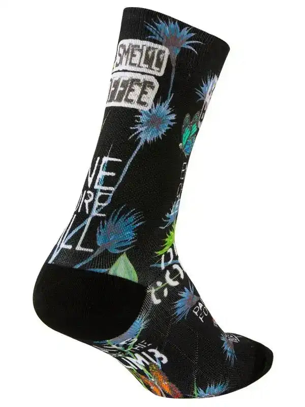 Black cycling sock with blue floral print and bold text, designed for men's and women's bike rides