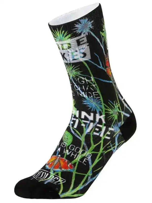 Black cycling sock with vibrant green and blue floral design, bold text, and colorful accents for men and women.