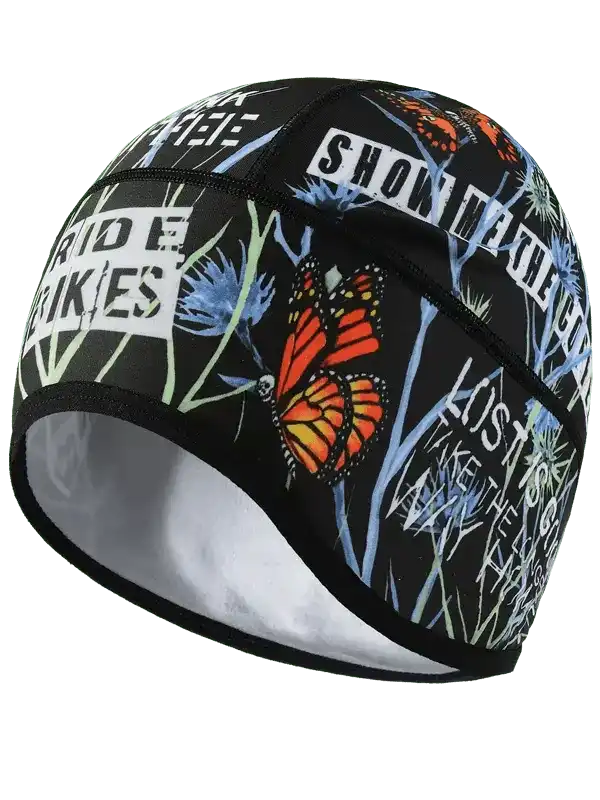 Cycling cap with butterfly print and bold text, ideal for bike rides and outdoor adventures.