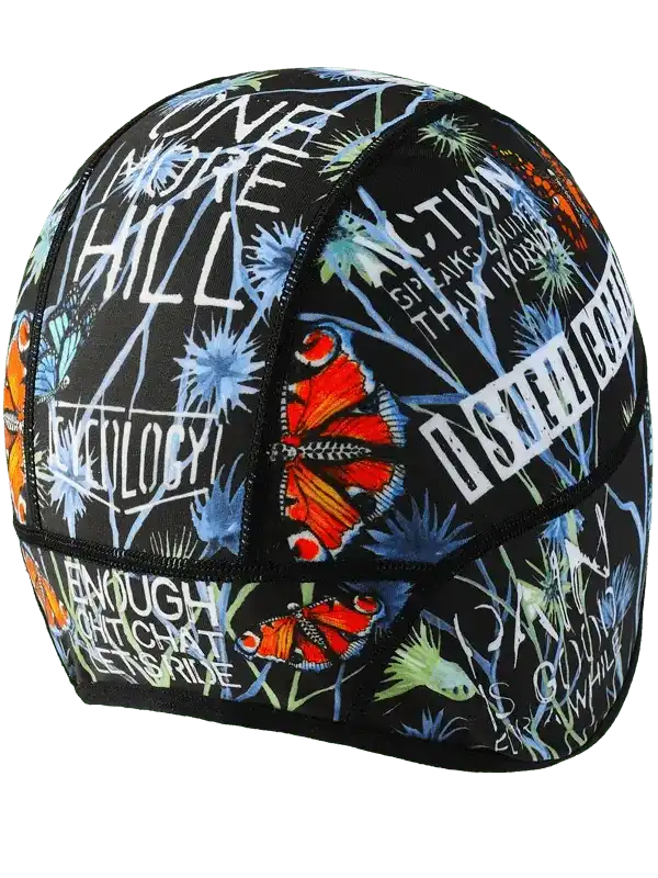 Black cycling cap with butterfly and motivational text print, ideal for road bike rides