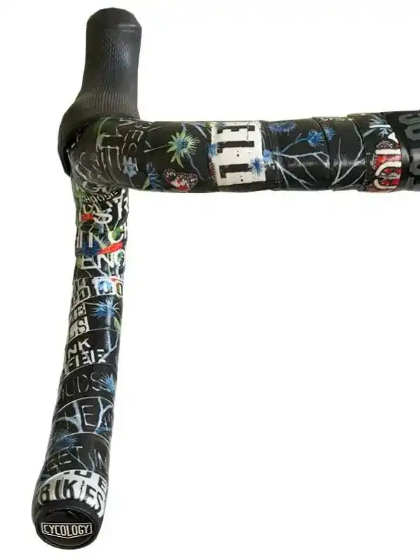 Cycology branded cycling handlebar tape with colorful graffiti design for road bikes