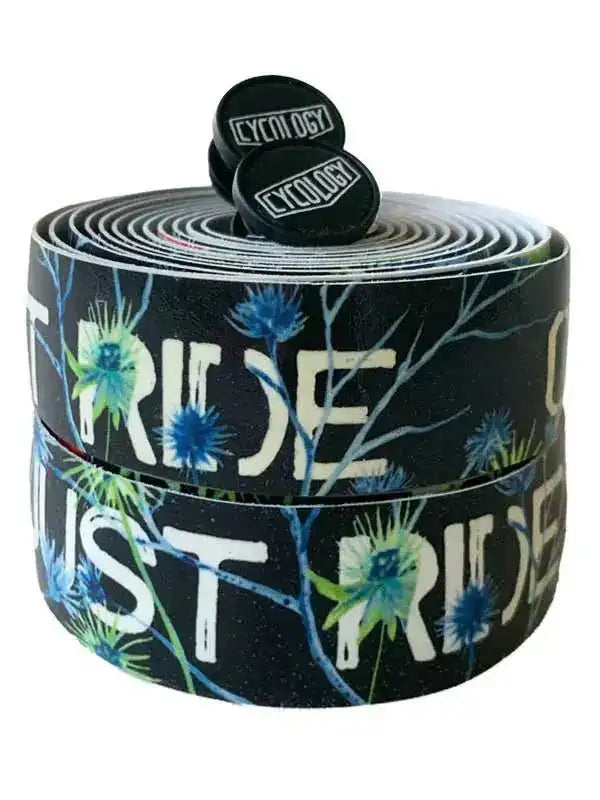 Cycling handlebar tape with 'Just Ride' text and floral design, black base with blue green accents