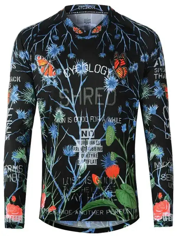 Men's long sleeve cycling jersey with floral and butterfly print, ideal for road or mountain biking