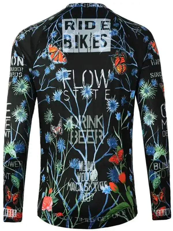 Men's cycling jersey with 'Ride Bikes' print, floral and butterfly design, long sleeve bike wear