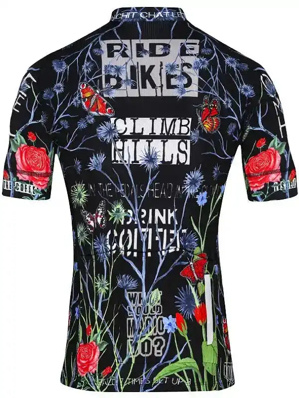 Men's cycling jersey with floral and butterfly print, bold text design, ideal for bike rides and hill climbs