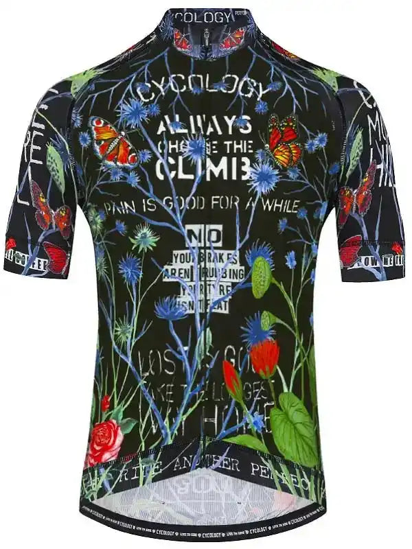 Men's cycling jersey with floral and butterfly print, motivational cycling quotes, black base