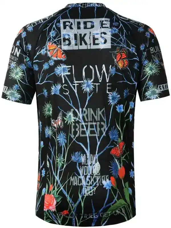 Men's cycling jersey with floral and butterfly print, bold text 'RIDE BIKES' and 'FLOW STATE' on black background