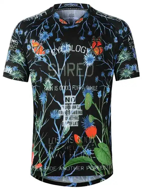 Men's cycling jersey with floral and butterfly print, bold text design, black base