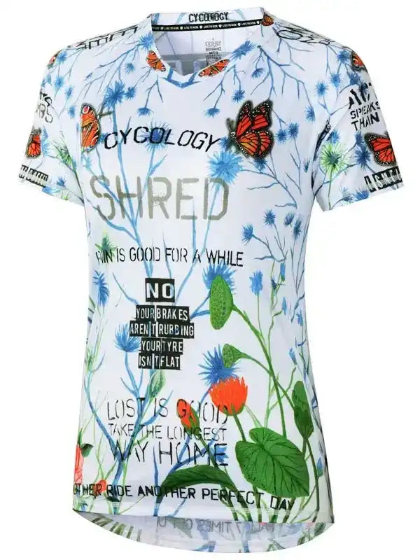 Women's cycling jersey with butterfly and floral print, bold text design, breathable fabric