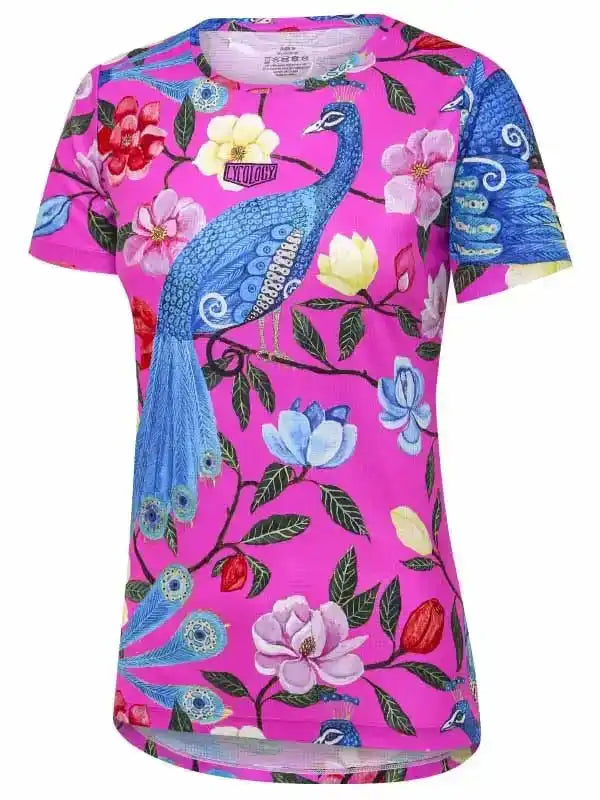 Vibrant pink women's cycling jersey with blue peacock and floral print, lightweight performance fabric