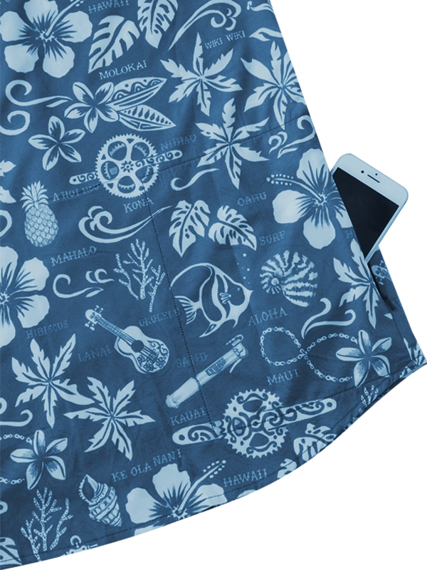 Cycology Men's Blue Gravel Shirt with Hawaiian white floral and nature pattern