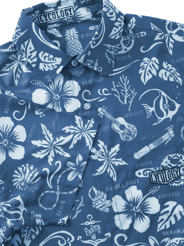 Cycology Men's Blue Gravel Shirt with Hawaiian white floral and nature pattern