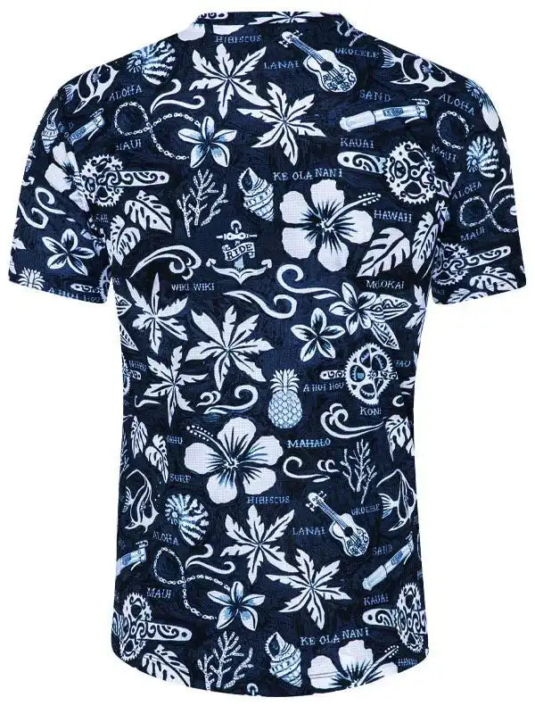 Men's navy Hawaiian print shirt with tropical flowers, ukuleles, and Aloha text for casual wear