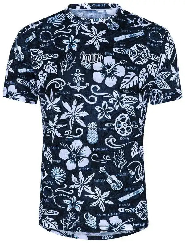 Men's cycling jersey with tropical Hawaii print, hibiscus flowers, pineapples, and bike gears on dark background
