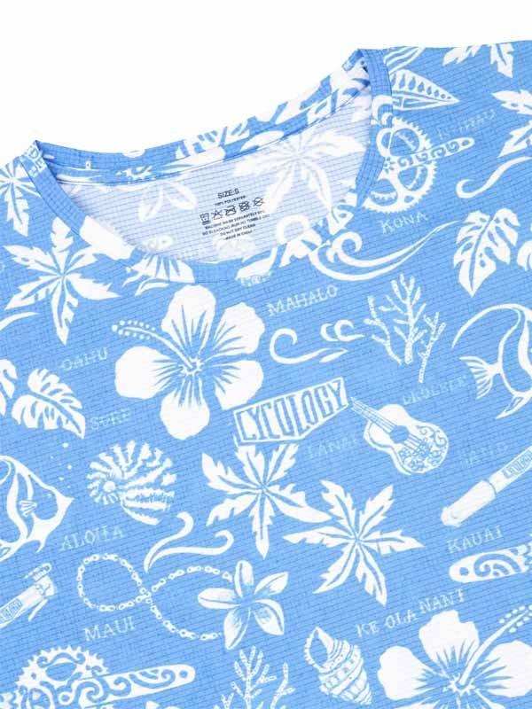 Blue tropical print cycling jersey with hibiscus flowers, ukulele, and Hawaiian words for men's and women's rides