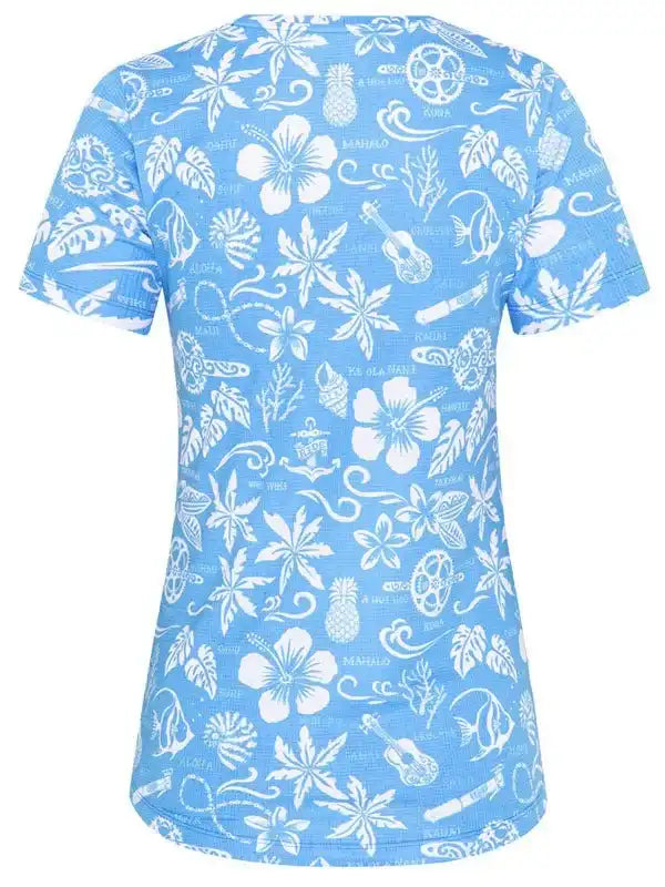 Blue women's cycling jersey with white tropical floral and hibiscus print, ideal for summer rides.