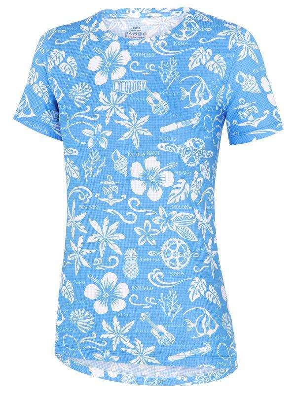 Blue women's cycling jersey with white tropical floral and guitar print, breathable fabric for summer rides