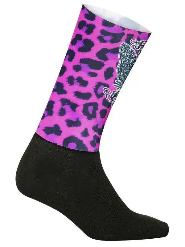 Pink leopard print cycling sock with black toe and heel, featuring butterfly design for women's bike wear
