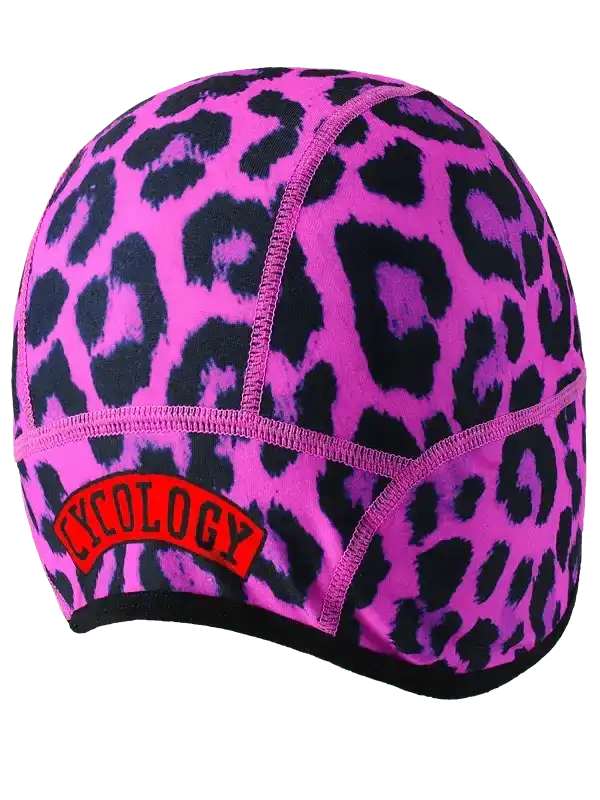 Pink leopard print cycling cap with red Cycology logo, designed for men and women cyclists