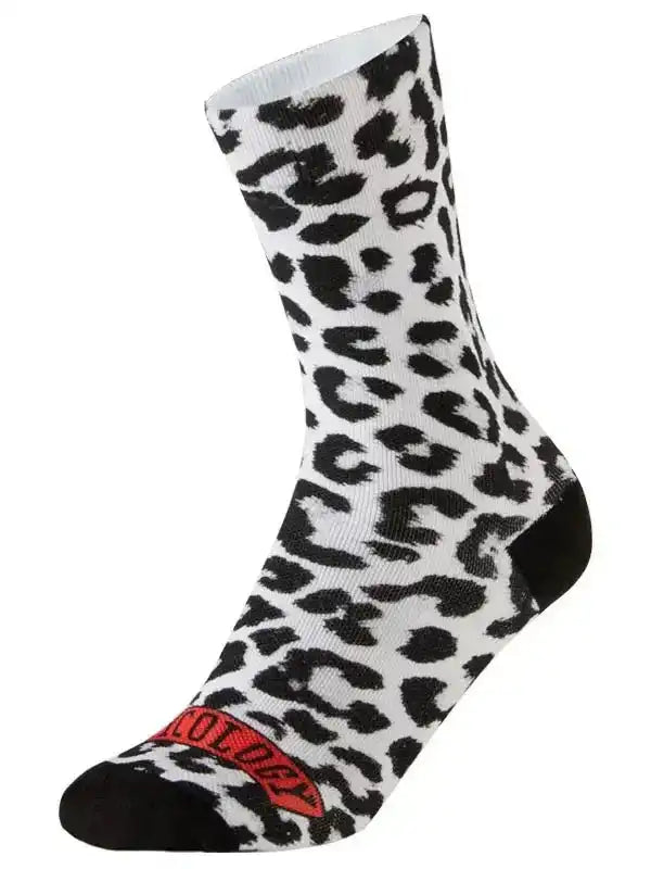 Black and white leopard print cycling sock with red logo, designed for men and women riders.