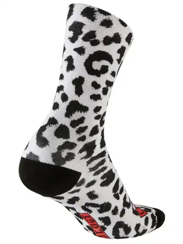 White cycling sock with black leopard print, red logo, and black toe/heel for men's and women's bike rides