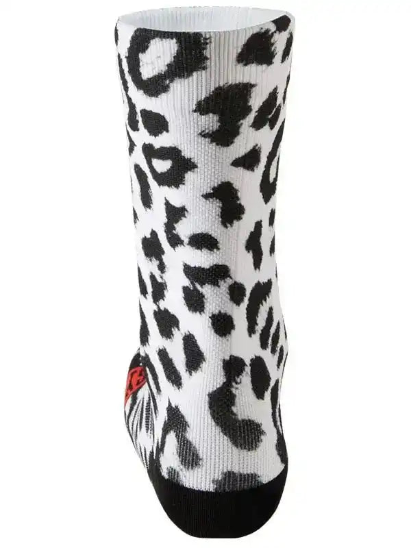 Black and white leopard print cycling sock with red logo, designed for men and women