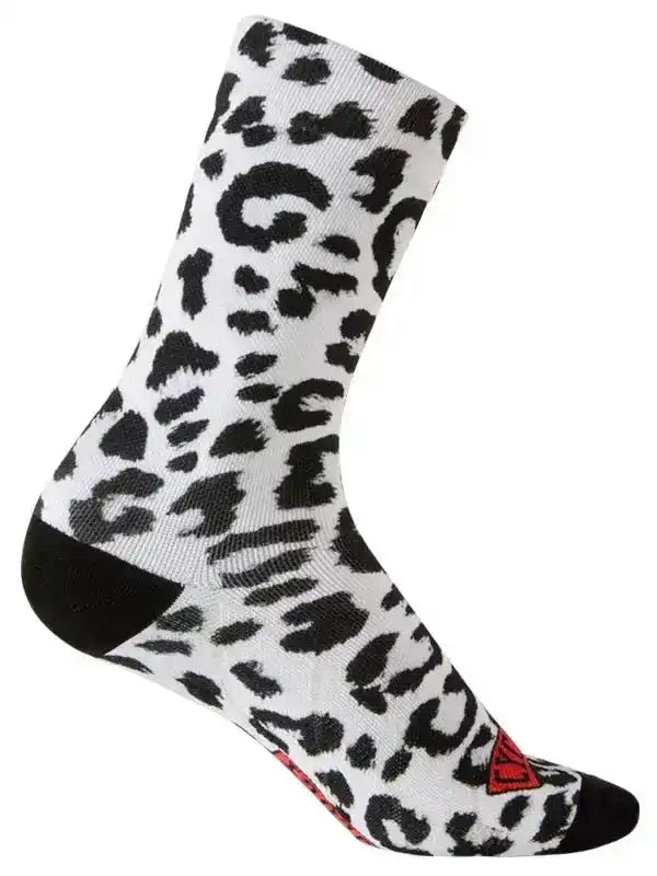 White cycling sock with black leopard print pattern and red logo, designed for men and women