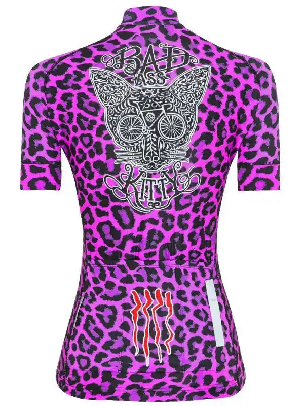Women's cycling jersey with pink leopard print, 'Bad Ass Kitty' graphic, and red claw marks