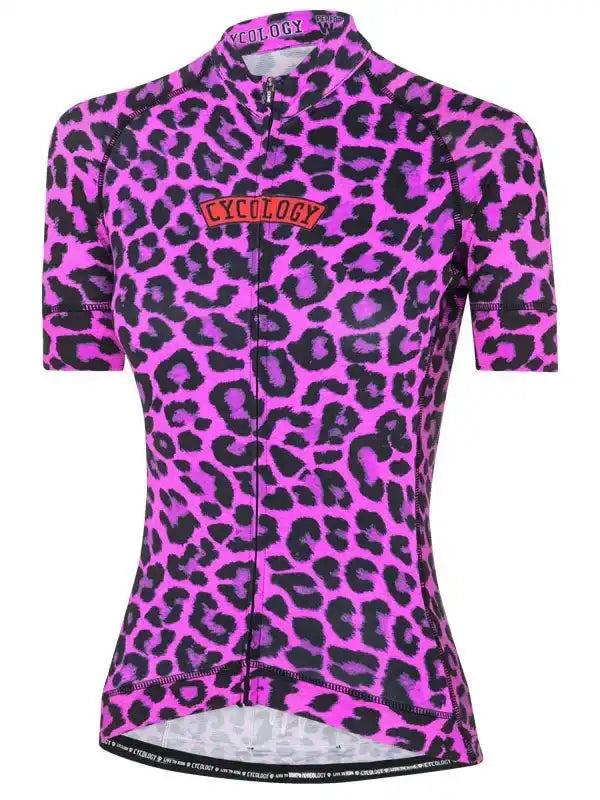 Women's pink leopard print cycling jersey with full zip and brand logo, designed for comfort and style on rides.