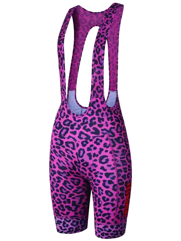 Women's pink leopard print cycling bib shorts with padded chamois for comfort