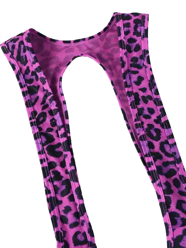 Pink leopard print cycling bib straps with black detailing, designed for women's cycling wear