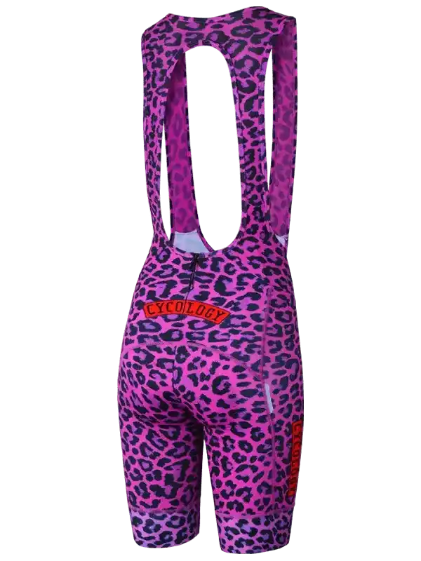 Pink leopard print women's cycling bib shorts with back pocket and brand logo