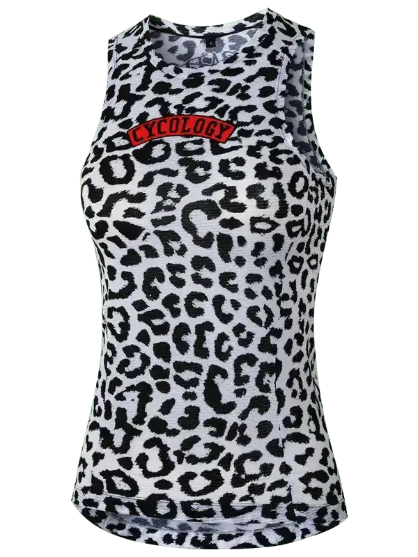 Women's leopard print cycling tank top with red Cycology logo, stylish and breathable for rides