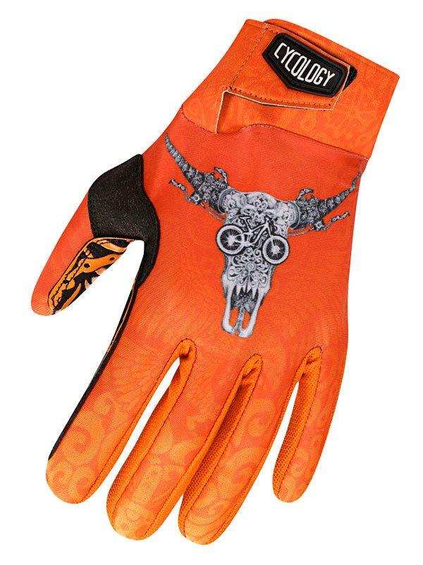 Orange cycling glove with bull skull and bike wheel design, black palm grip, Cycology brand tag