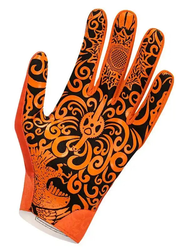 Orange and black cycling glove with intricate swirl and gear design, ideal for men's and women's bike rides