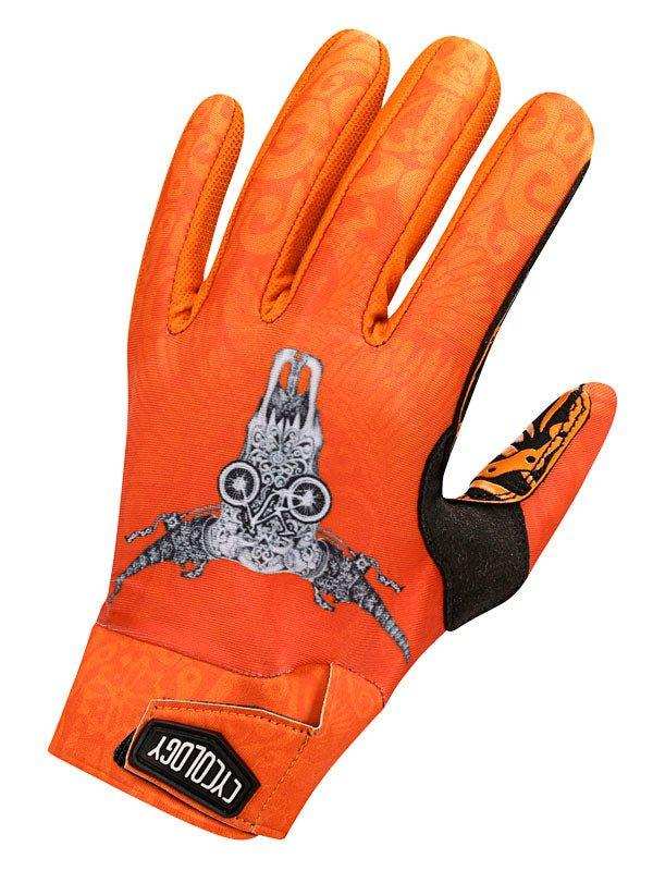 Orange cycling glove with steampunk owl design, black palm grip, and Cycology logo on wrist
