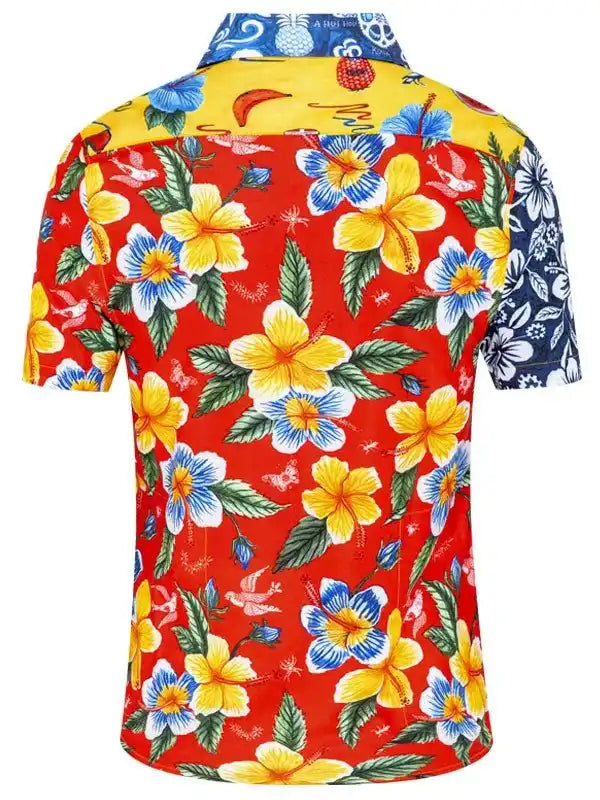 Vibrant red men's floral cycling shirt with yellow and blue hibiscus print, tropical design