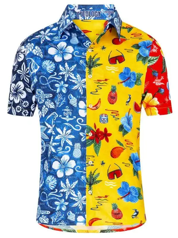 Men's tropical print cycling shirt with blue, yellow, red panels, hibiscus, pineapples, and beach motifs