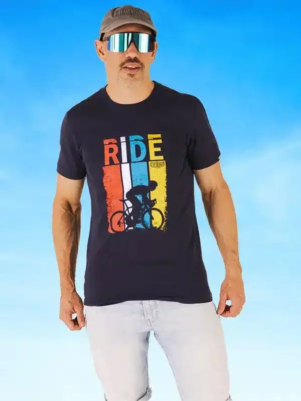 Men's cycling t-shirt with 'RIDE' graphic and cyclist design, perfect for bike rides and casual wear