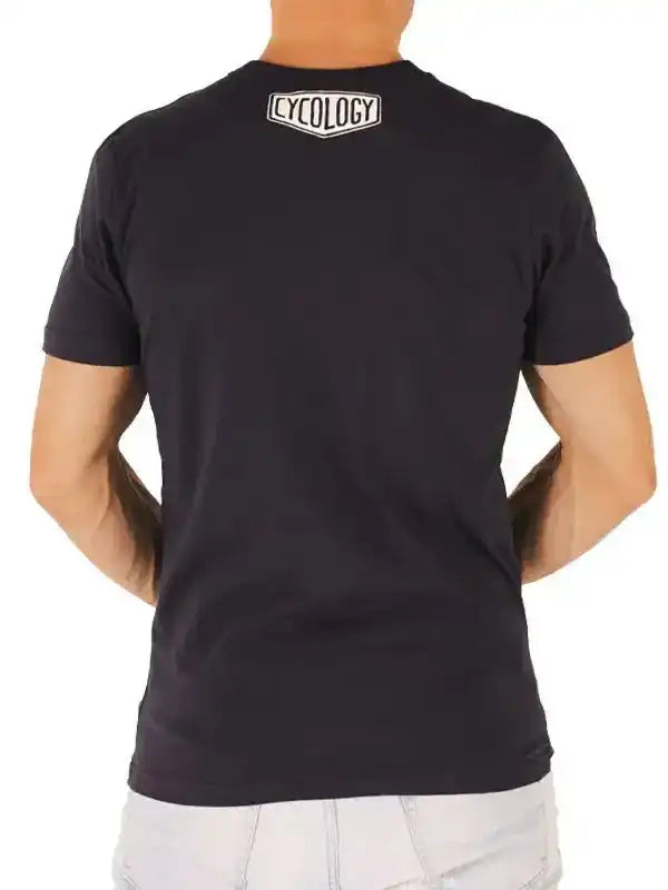 Black men's cycling t-shirt with white Cycology logo on back, ideal for casual or ride wear